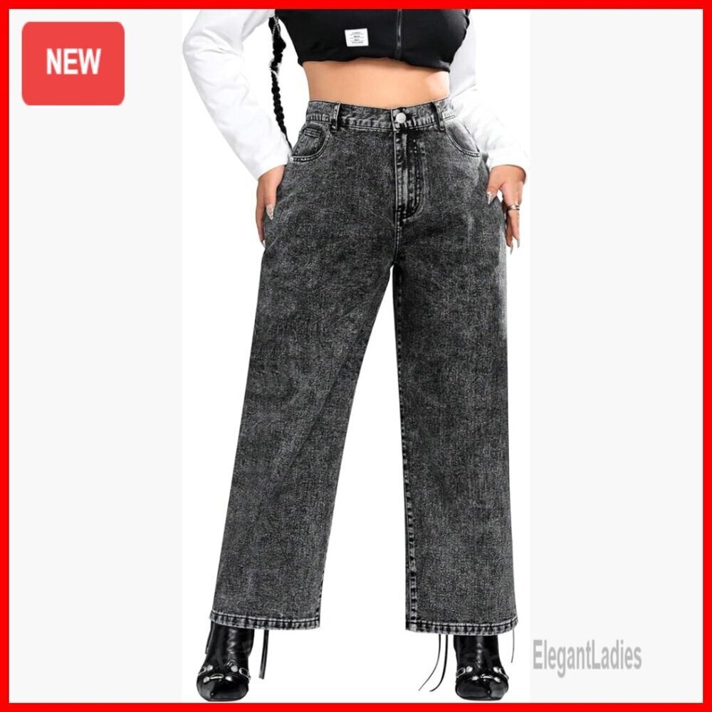 Plus Size Wide Leg High Waist Stretch Denim Jeans Loose Fit
